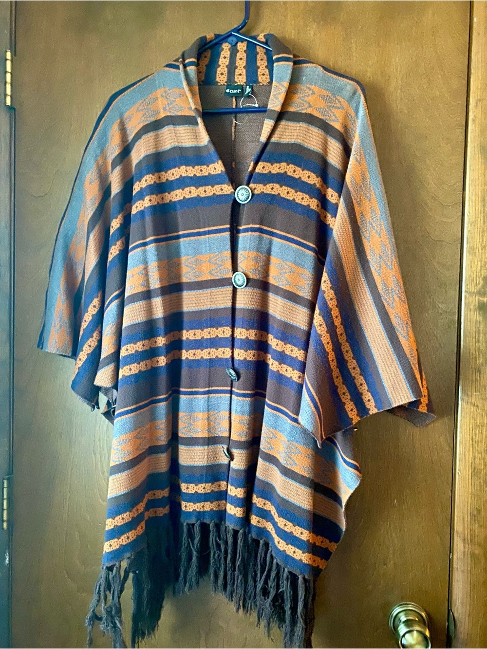 Cruel Girl Navy and Orange Striped Button Poncho Cape